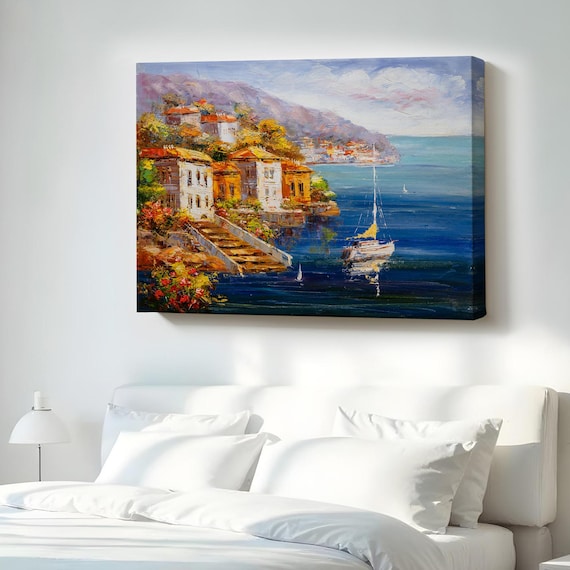 Greek Island Coastal Harbor Sailboats Oil Painting Style Poster