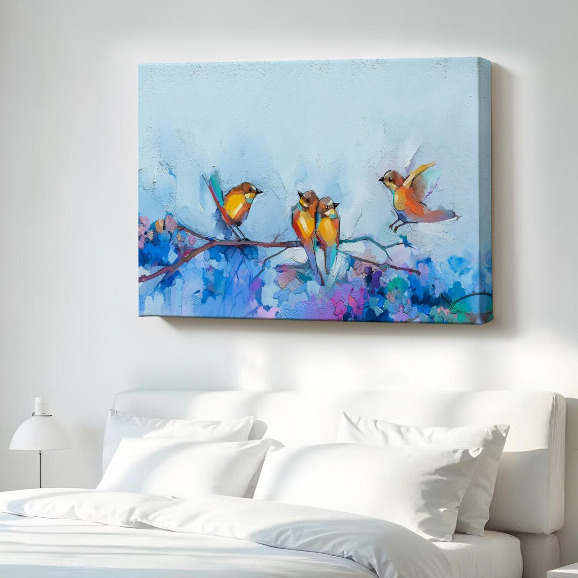 Colorful Birds On Branch Blue Painting Spring Birds Oil Canvas Poster