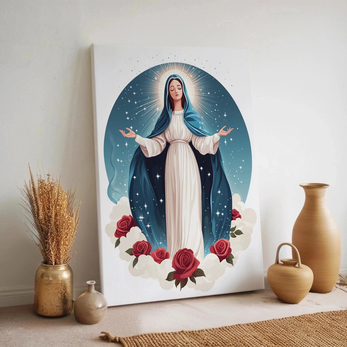 Virgin Mary Blue Cloak White Gown with Red Roses Catholic Painting Poster