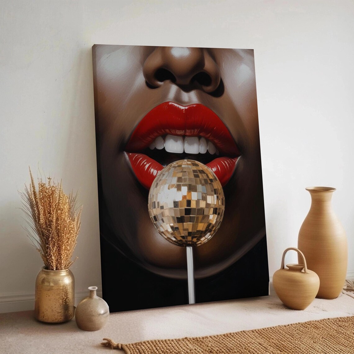 Bold Red Lips Disco Ball Modern Glam Beauty Portrait Painting Poster