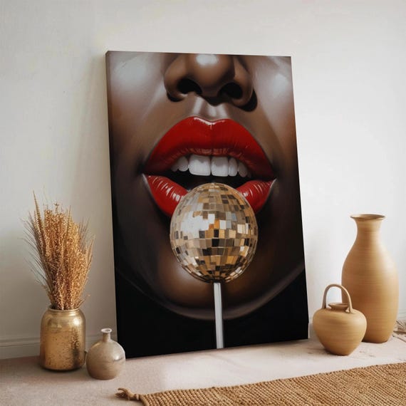 Bold Lips Disco Ball Canvas Wall Art Modern Glam Portrait Print For Bedroom Or Vanity Room Red Lip Pop Feminine Statement Decor