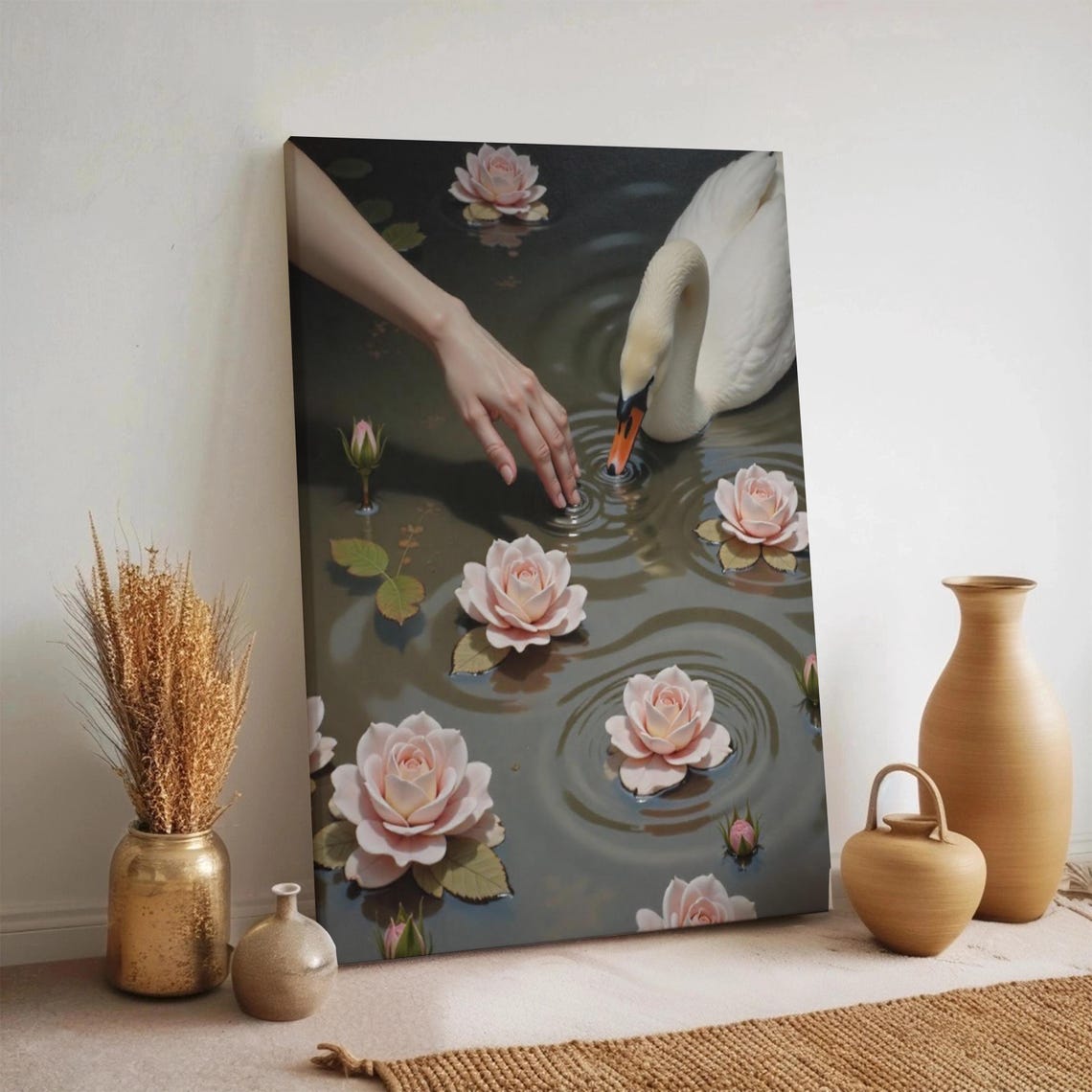 Romantic Swan Woman Hand Touching Water Floating Roses Canvas Print