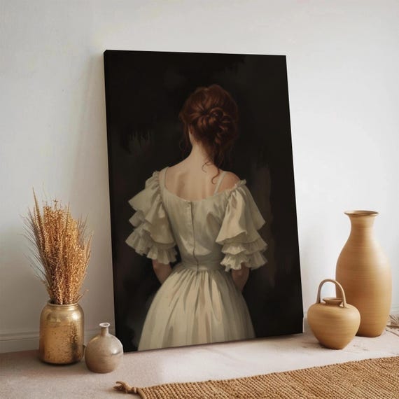 Romantic Woman In White Dress Wall Art Vintage Back View Portrait Painting Soft Feminine Bedroom Elegant Girl Illustration