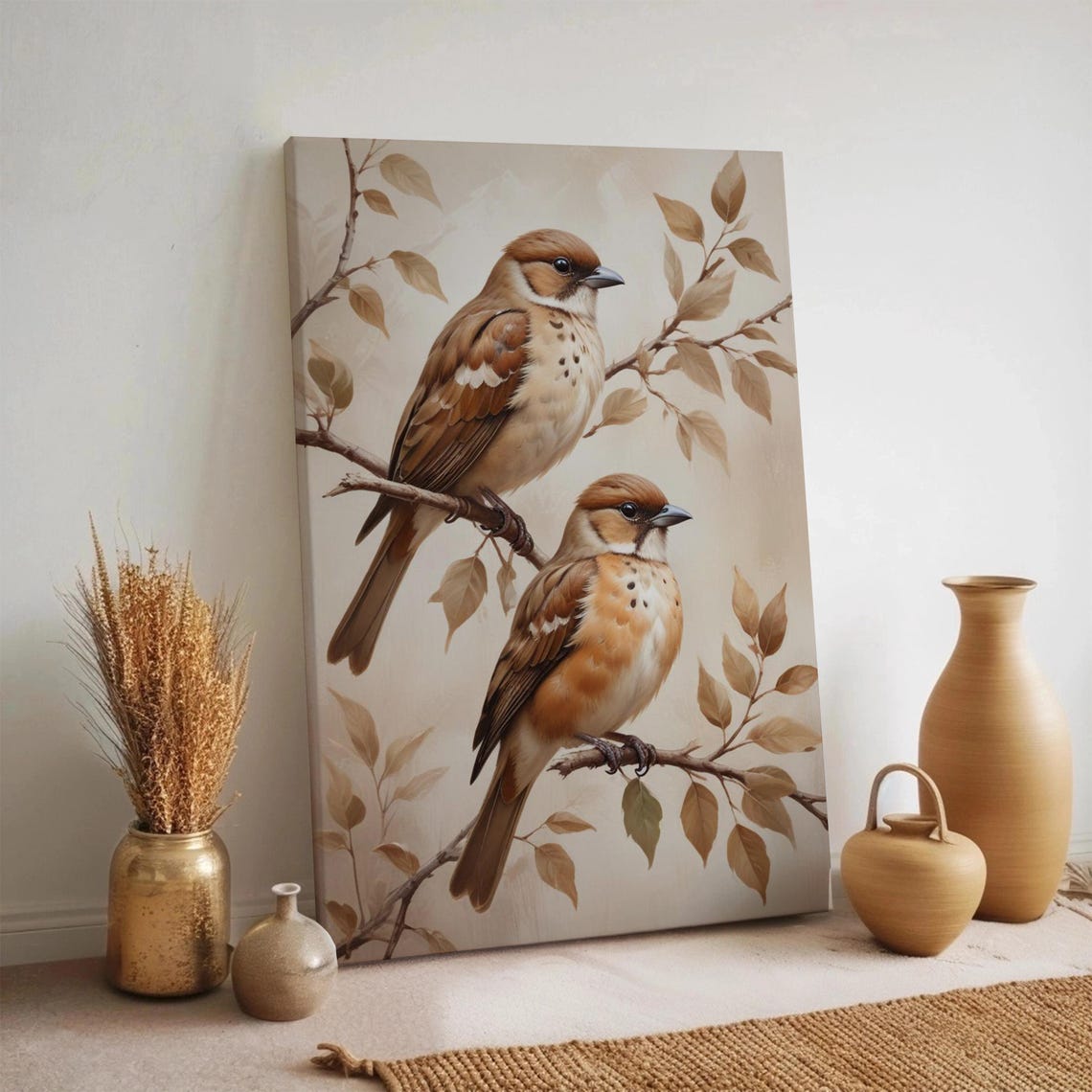 Two Sparrows on a Branch Warm Neutral Vintage Bird Art Print