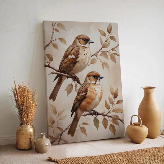 Neutral Bird Canvas Wall Art Vintage Style Sparrow Painting Minimal Nature Soft Botanical Decor Framed Brown Artfor Calm Spaces