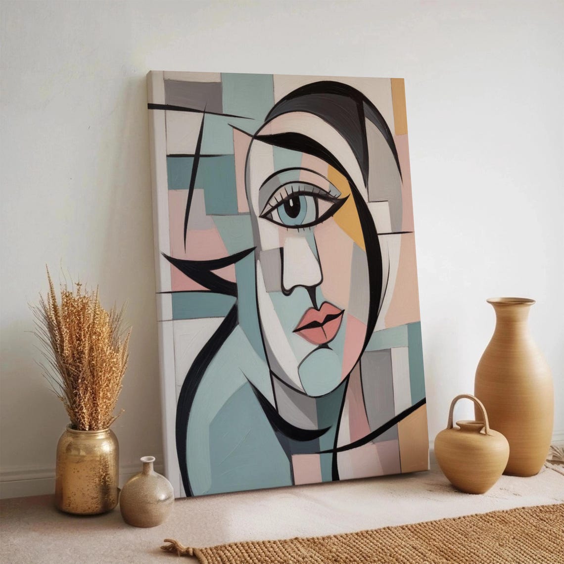 Cubist Geometric Woman Face Portrait Modern Abstract Wall Art
