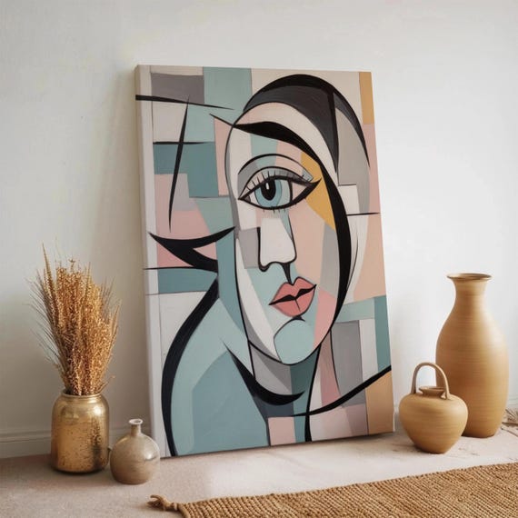 Cubist Face Canvas Wall Art Abstract Modern Woman Portrait Picasso Inspired Print Geometric Colorful Framed Multiple Sizes