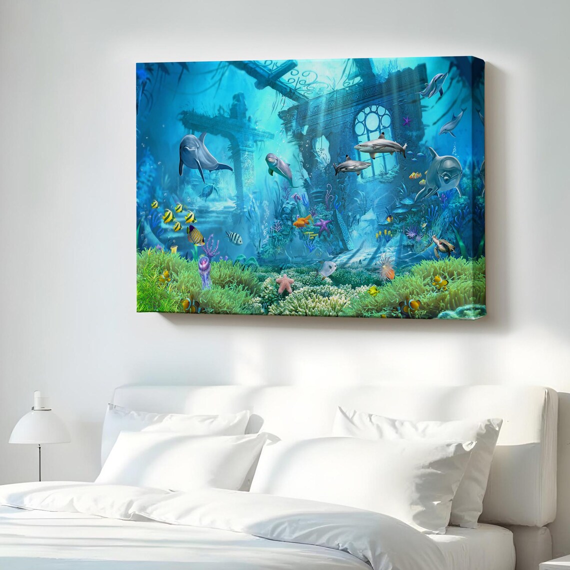 Dolphins Sharks Coral Reef Atlantis Ruins Underwater Ocean Canvas Print
