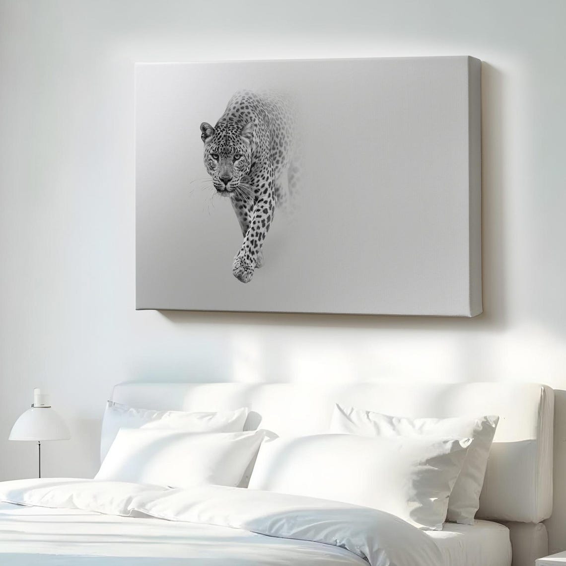 Striking Leopard Walking Toward Camera Minimalist White Canvas Poster