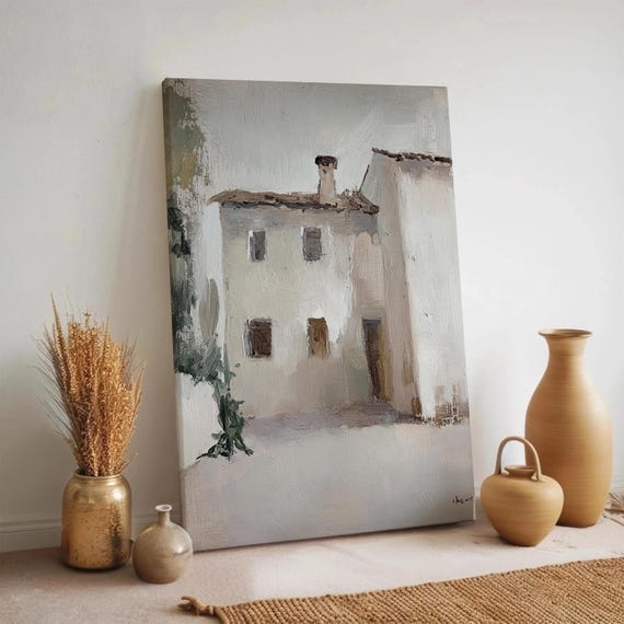 Minimalist Rustic House Canvas Wall Art Neutral Country Home Soft Texture Print Beige French Cottage Scene Framed Simple Farmhouse Decor
