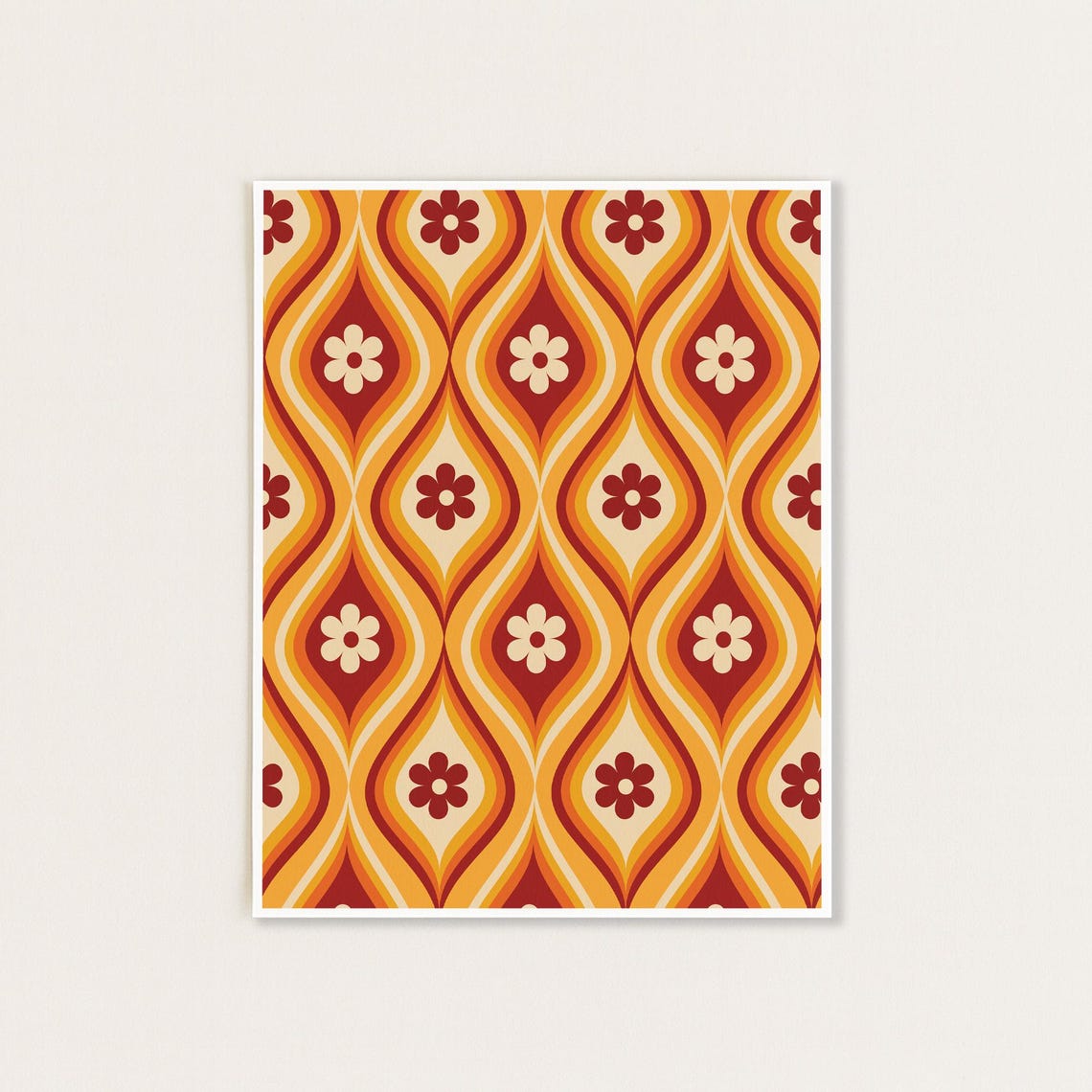 70s Retro Daisy Flower Ogee Pattern Hippie Art Poster Orange