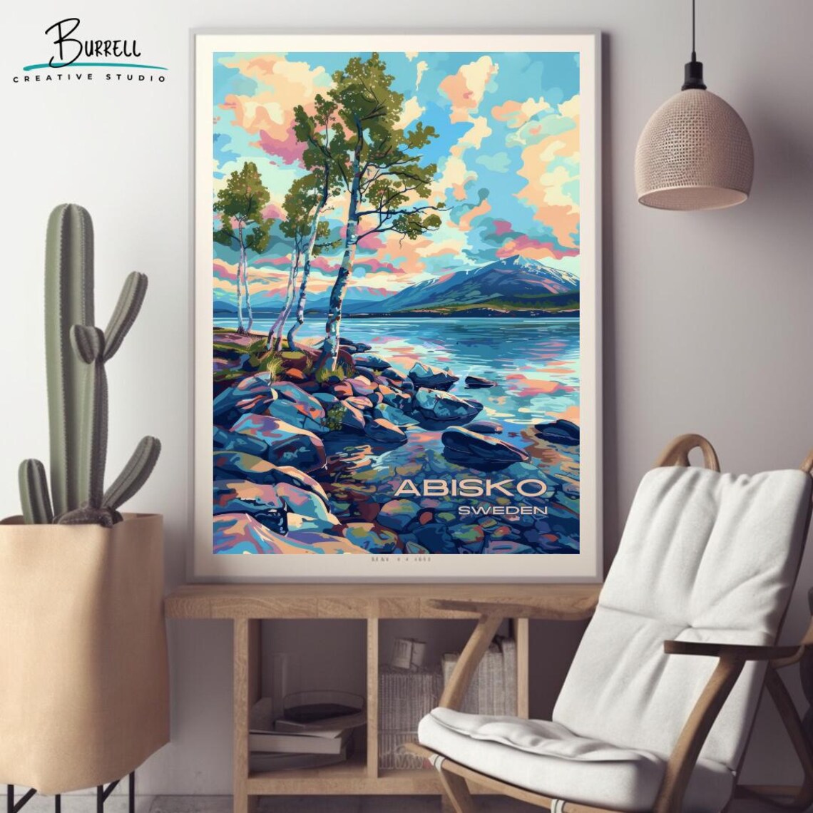 Abisko Sweden Birch Trees Rocky Shore Lake Mountains Travel Poster - Image 2