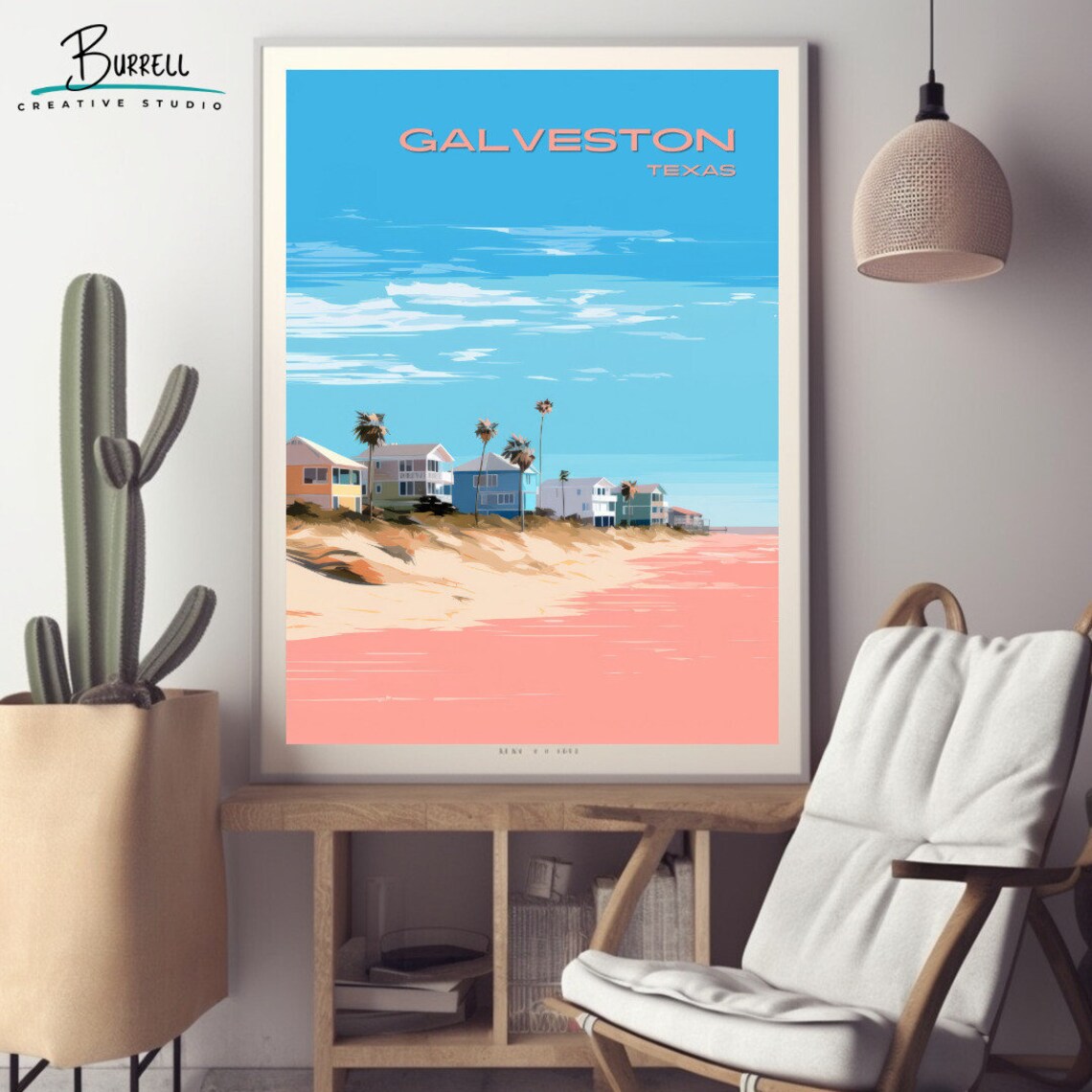 Galveston Texas Beach Houses Seaside Morning Coastal Travel Poster
