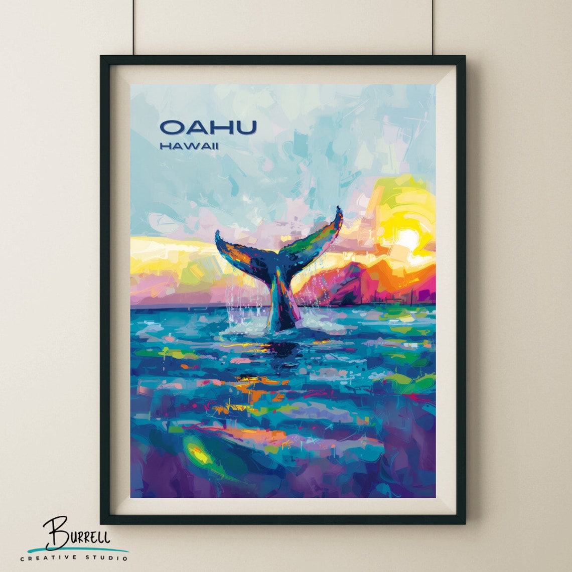 Oahu Hawaii Humpback Whale Fluke Breaching Sunset Waves Poster