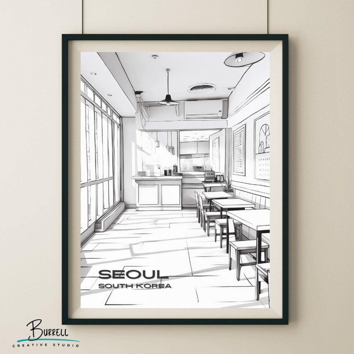 Seoul South Korea Minimalist Cafe Interior Line Art Sketch Poster