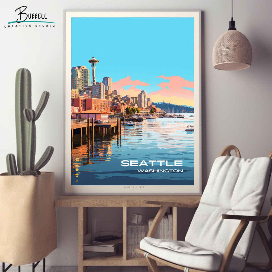 Seattle Washington Space Needle Waterfront Piers Harbor Travel Poster - Image 2