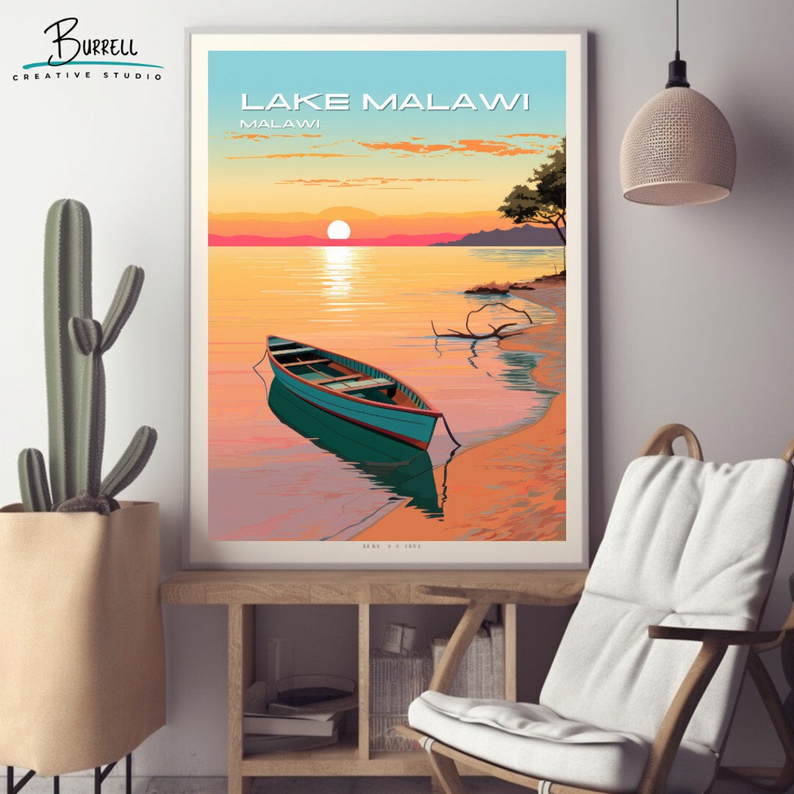 Lake Malawi Sunset Wooden Canoe Calm Shoreline African Travel Poster - Image 2