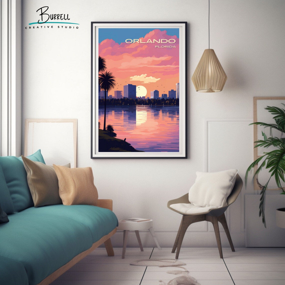 Orlando Florida Skyline Sunset Reflection Lake Palm Silhouette Poster - Image 3