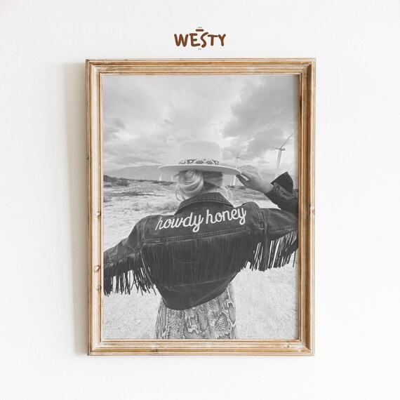 Howdy Honey Cowgirl Fringe Jacket Black White Western Art Poster