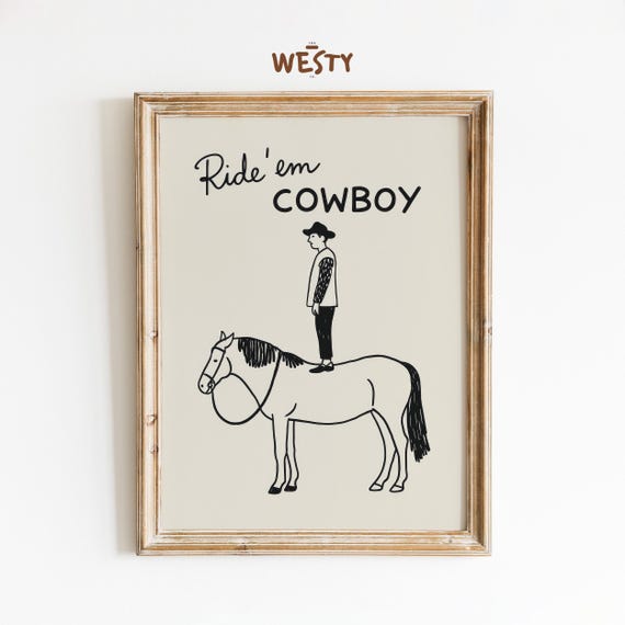 Ride Em Cowboy Poster Minimal Western Art Print Funny Line Drawing Wall Decor