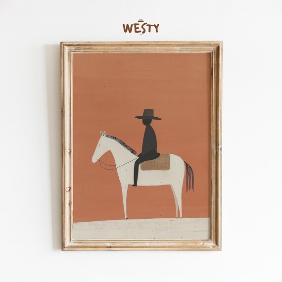 Minimalist Cowboy Art Western Abstract Horse Rider Print Modern Rustic Wall Decor