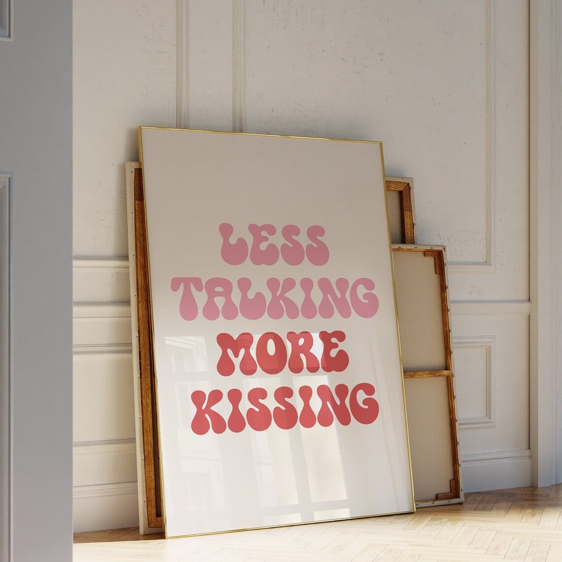 Less Talking More Kissing Pink Groovy Retro Cute Love Quote Poster