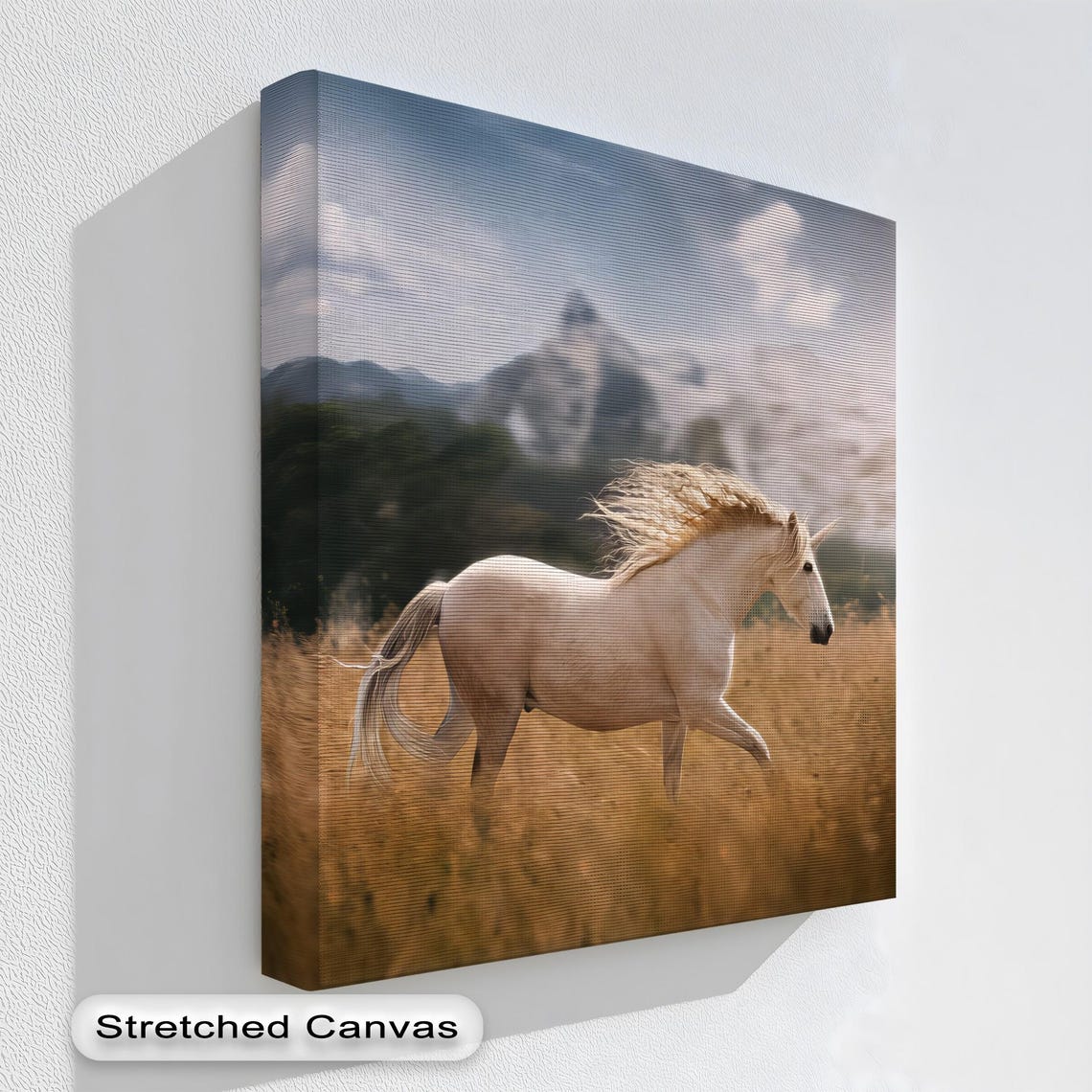 White Horse Galloping Wild Golden Field Mountain Scenic Wall Art