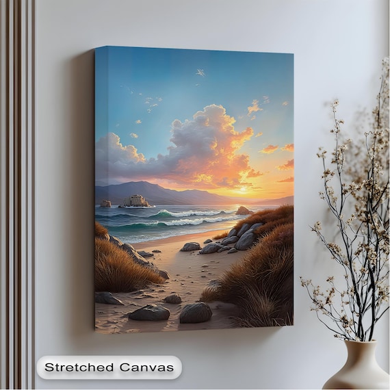 Golden Coastal Sunset Poster with Rocky Beach and Ocean Waves