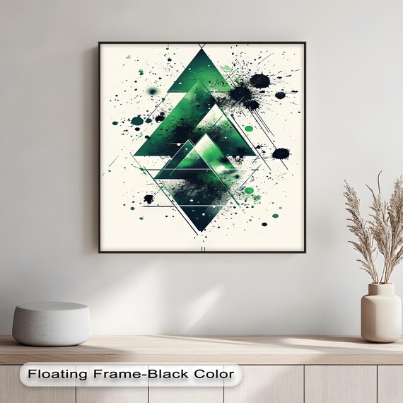Abstract Triangle Canvas Wall Art Green Black Geometric Print White Frame
