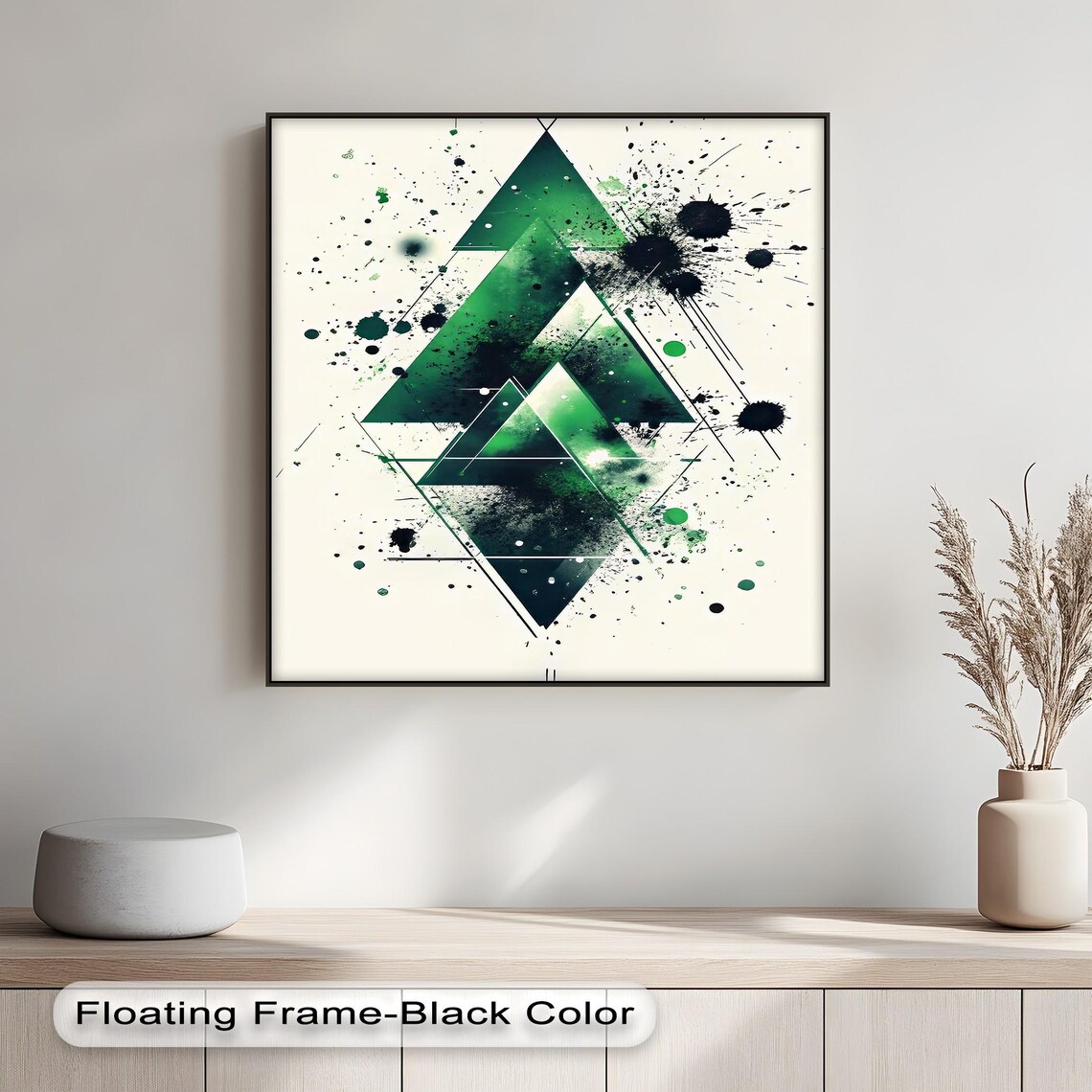 Abstract Triangle Canvas Wall Art Green Black Geometric Print White Frame