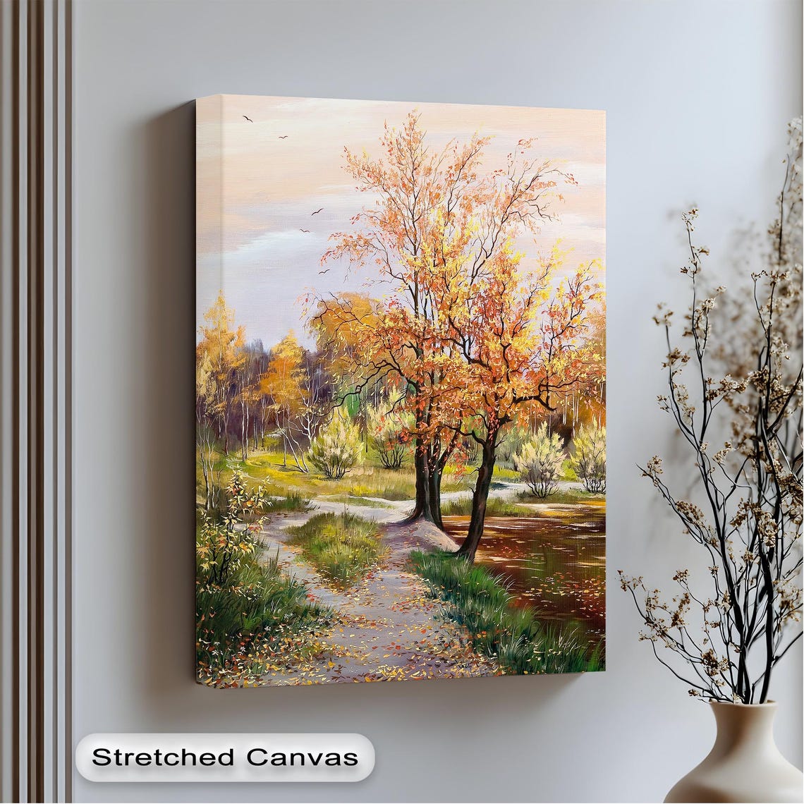 Autumn Forest Path Pond Golden Fall Foliage Scenic Painting Poster