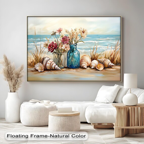 Beach Still Life Seashells Blue Glass Bottle Wildflowers Art Print