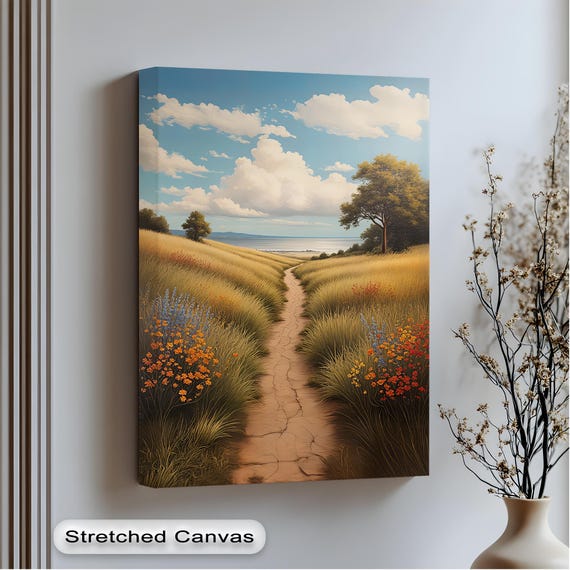 Golden Meadow Canvas Print Wildflowers And Blue Sky With Framed Wall Art