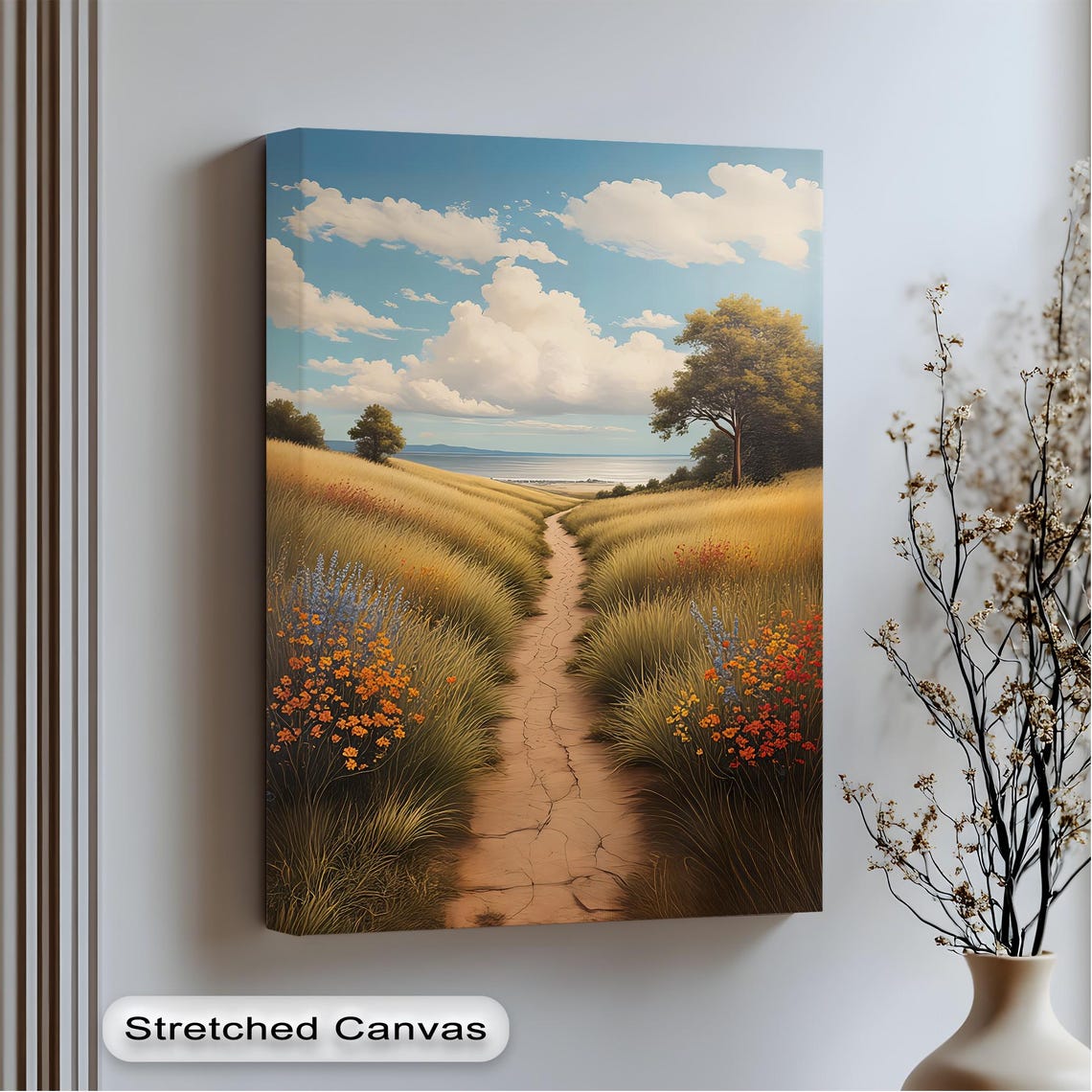 Golden Meadow Path Poster with Wildflowers and Distant Sea View