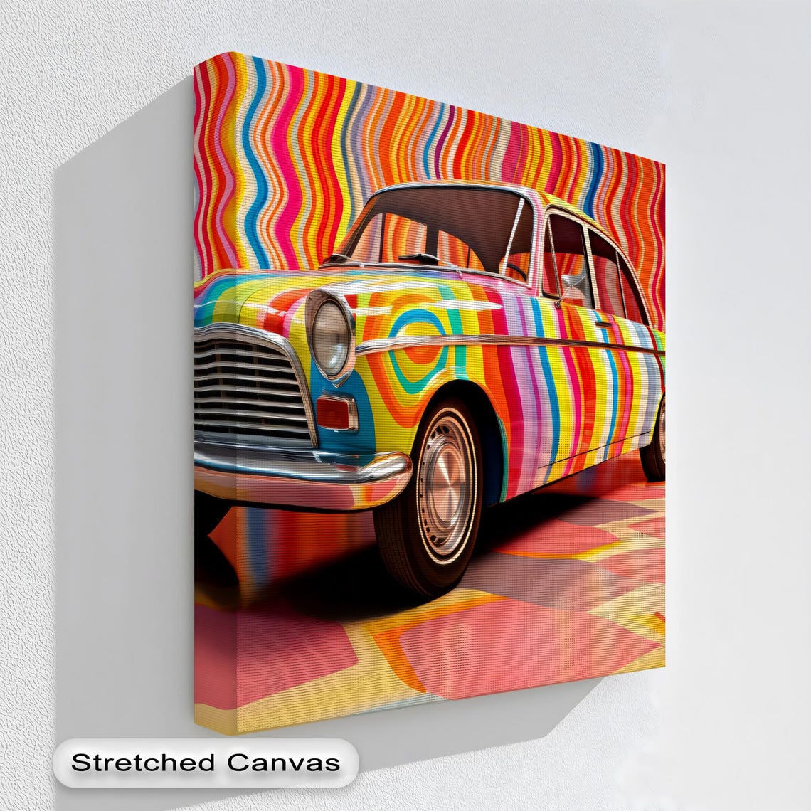Psychedelic Rainbow Striped Vintage Car Groovy Canvas Wall Art