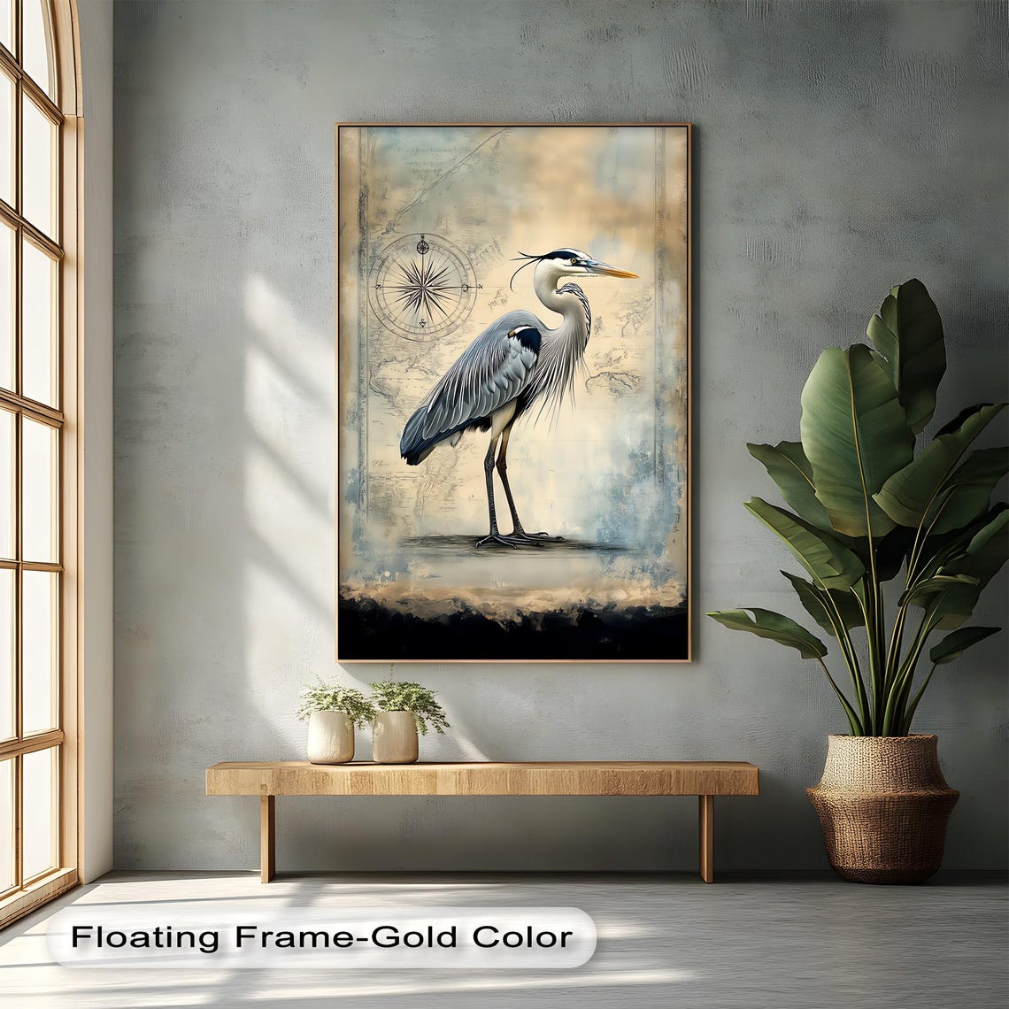 Blue Heron Compass Map Canvas Print Vintage Nautical Coastal Bird Art