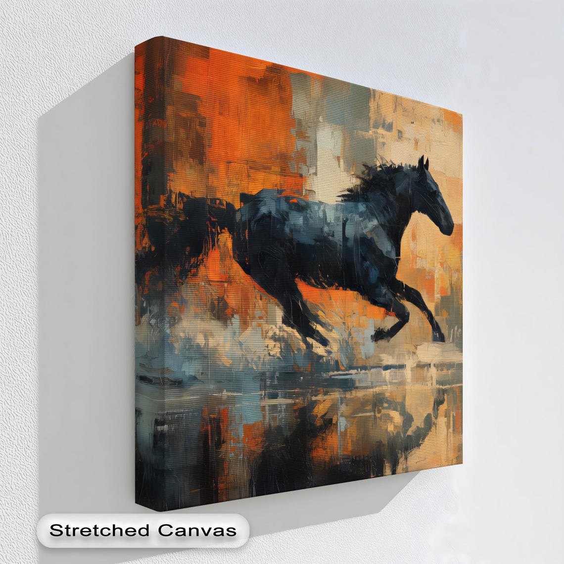 Black Running Horse Abstract Orange Modern Equestrian Art Print