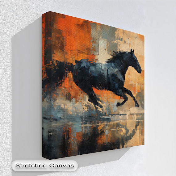 Black Running Horse Canvas Art Modern Abstract Painting Orange Blue