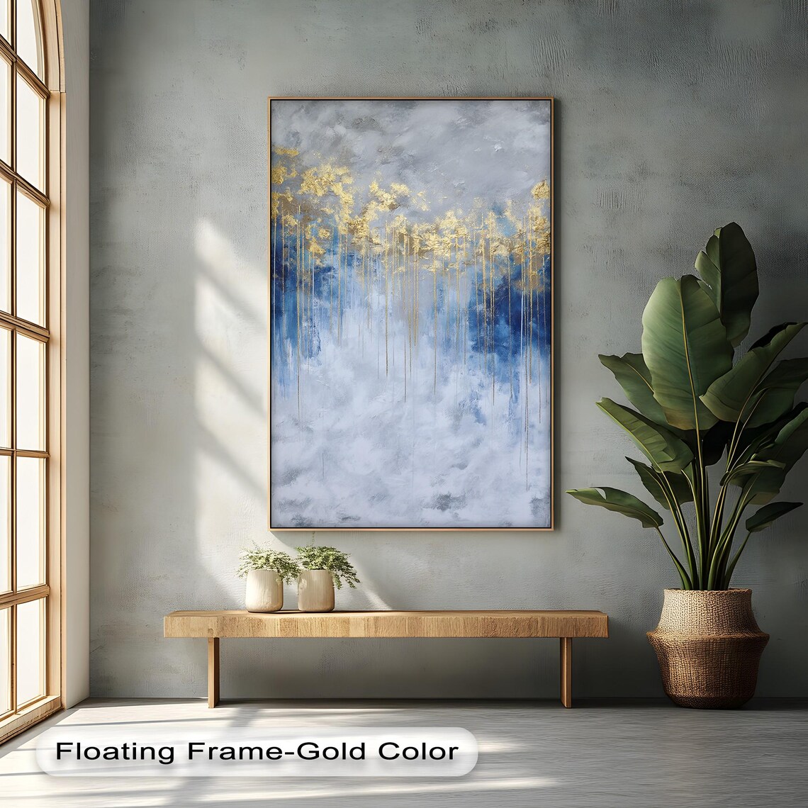 Gold And Blue Abstract Canvas Art Luxury Modern Floating Frame