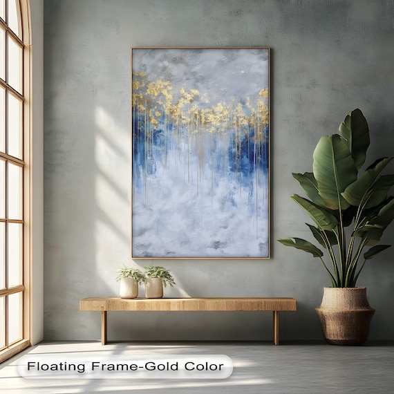 Gold And Blue Abstract Canvas Art Luxury Modern Floating Frame