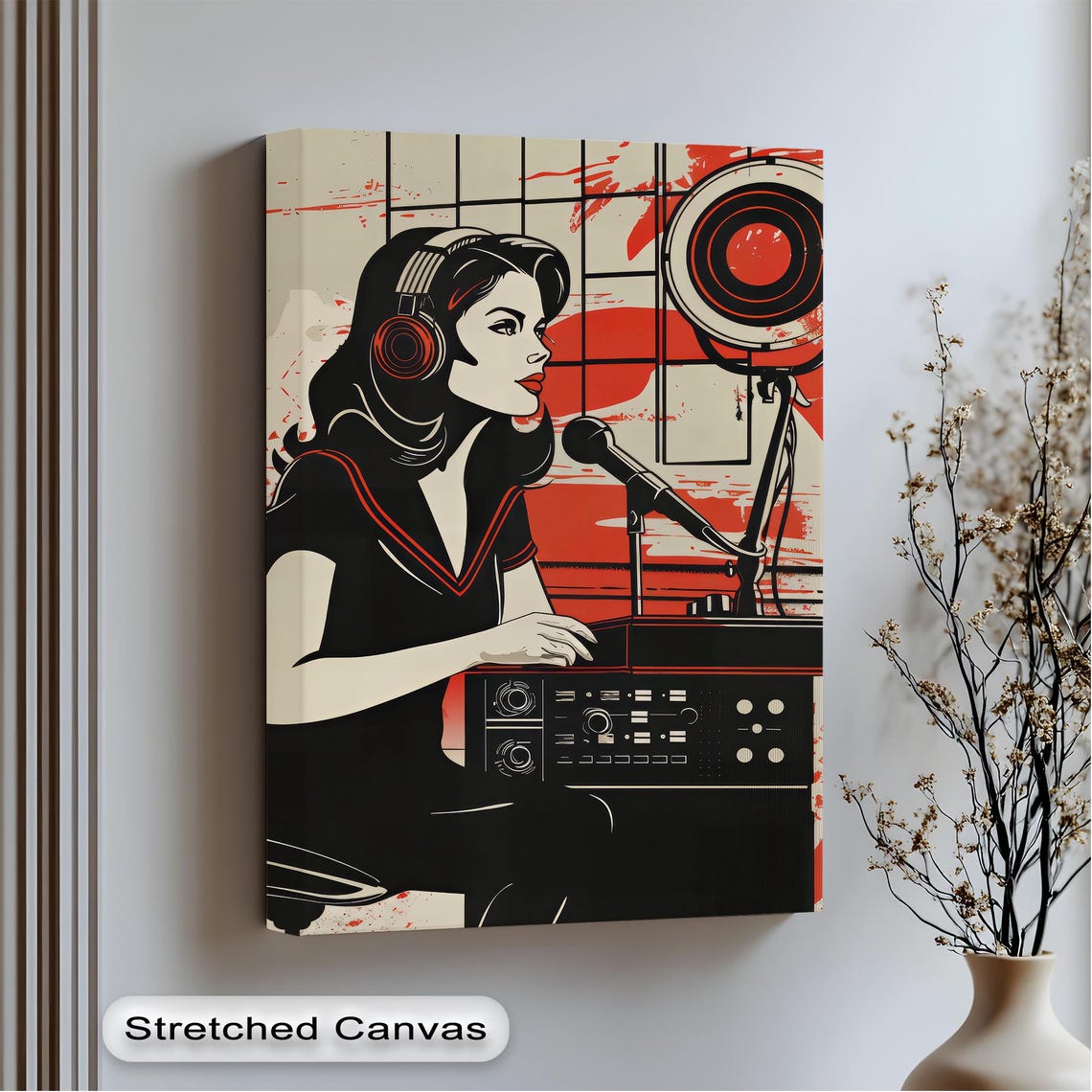 Retro Radio Host Pop Art Woman DJ Red Black Music Studio Canvas Poster