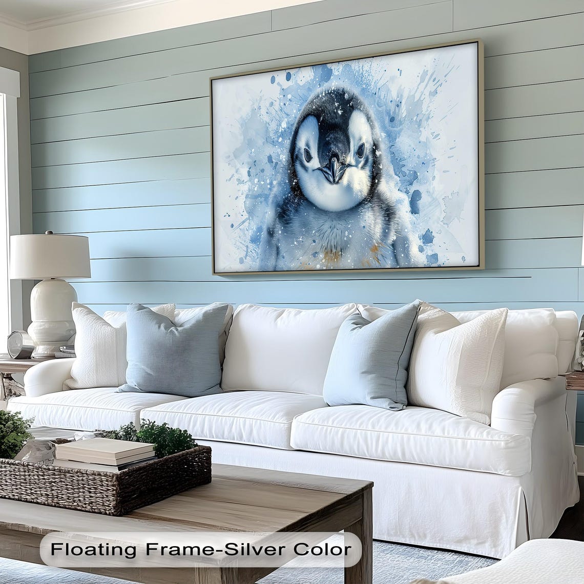 Baby Penguin Watercolor Print Silver Frame Arctic Nursery Wall Art