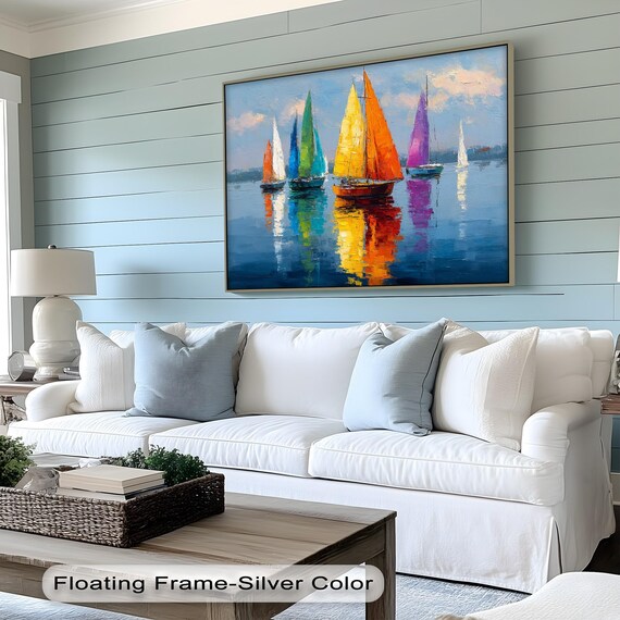 Colorful Sailboats Painting Poster Vibrant Rainbow Sails Ocean Reflection