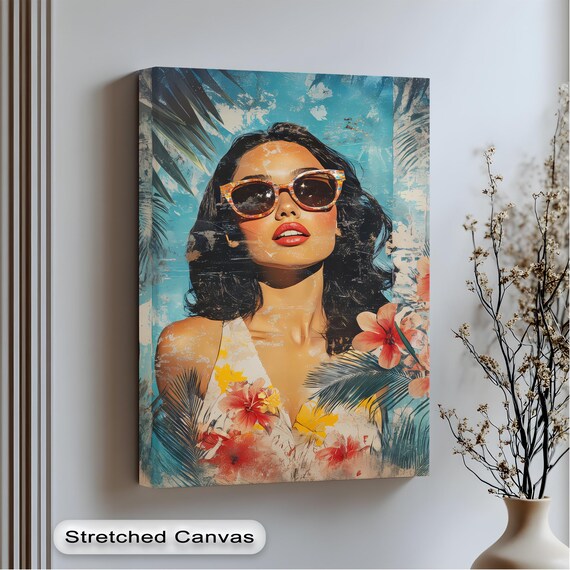 Tropical Woman Canvas Art Retro Floral Print In Gold Floating Frame