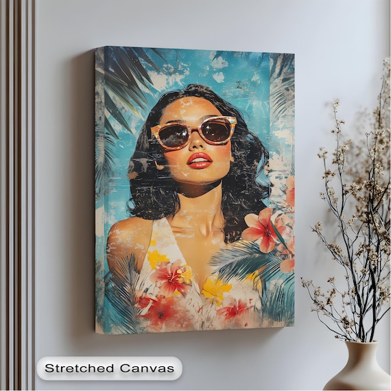 Tropical Woman Sunglasses Hibiscus Summer Floral Fashion Canvas Wall Art