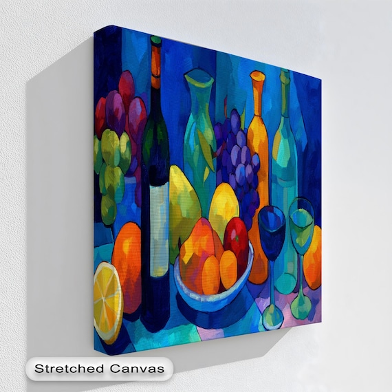 Bold Fauvist Still Life Wine Bottles Fruit Deep Blue Background Poster