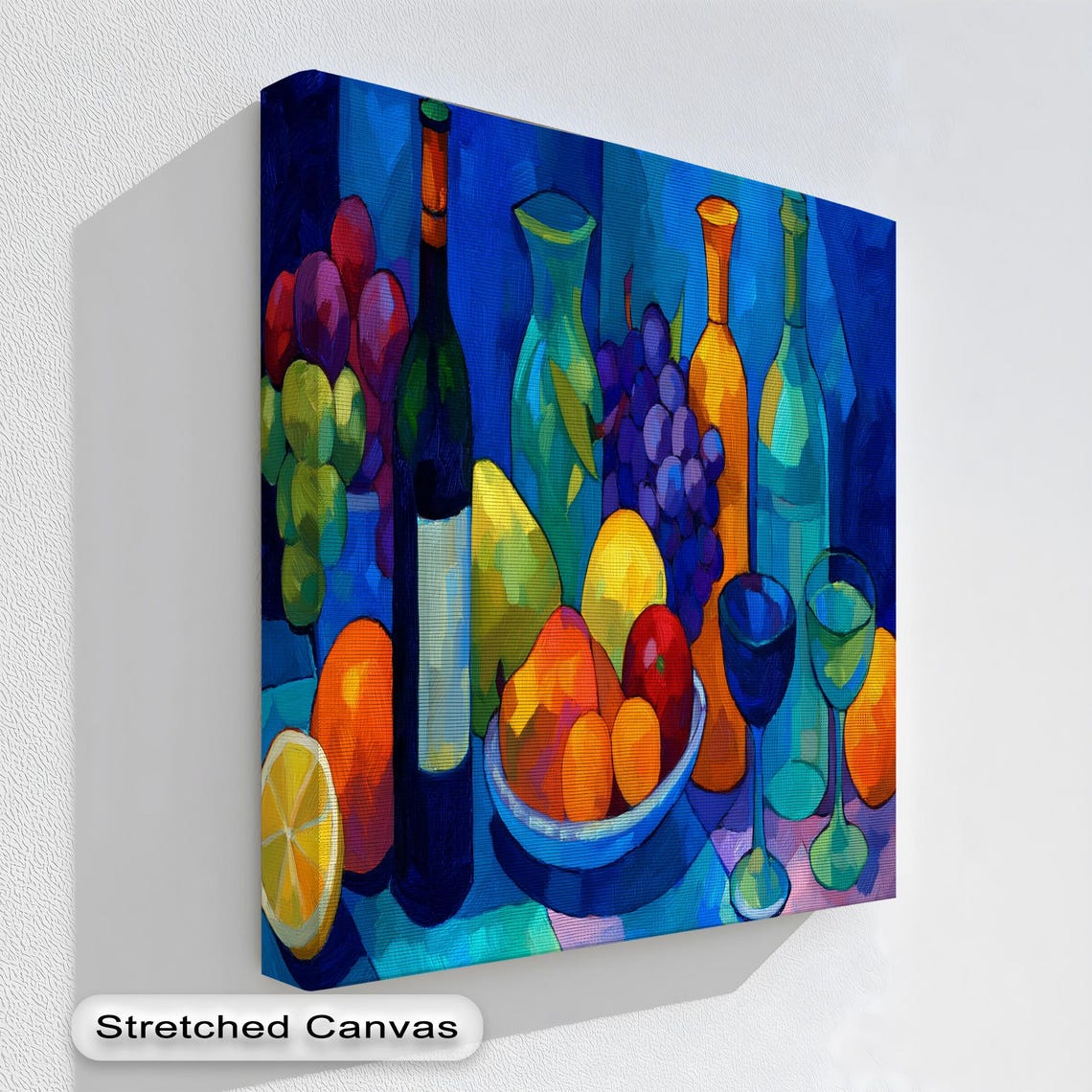 Bold Fauvist Still Life Wine Bottles Fruit Deep Blue Background Poster