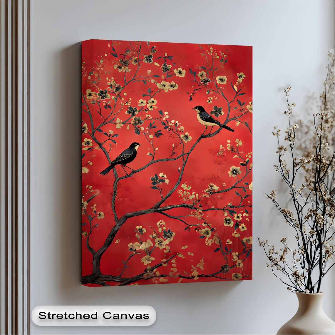 Red Cherry Blossom Birds on Branches Asian Style Floral Art Poster
