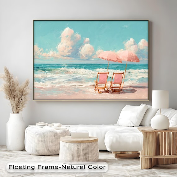 Pink Beach Umbrella Poster Coastal Summer Ocean Chairs Pastel Decor