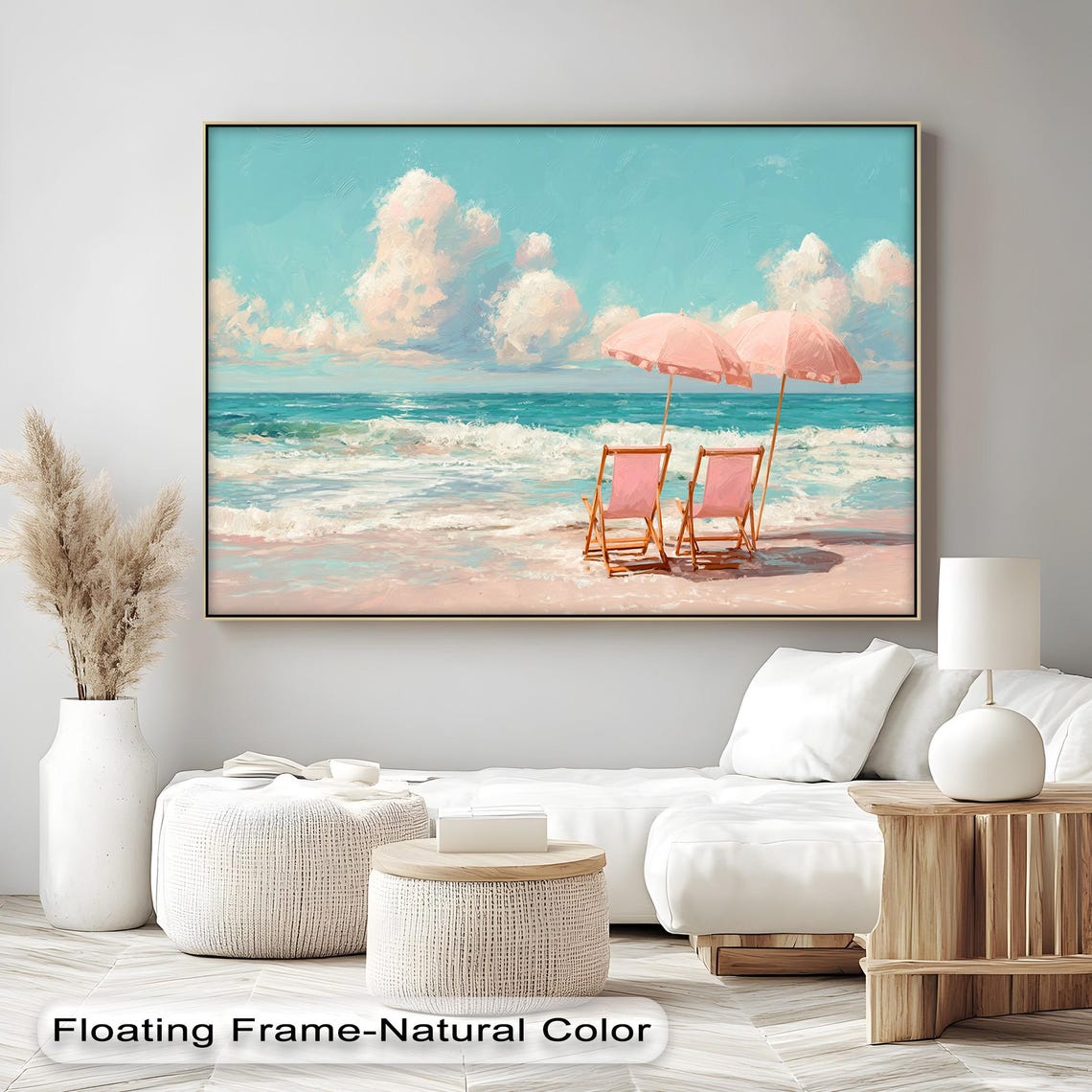 Pink Beach Umbrella Poster Coastal Summer Ocean Chairs Pastel Decor